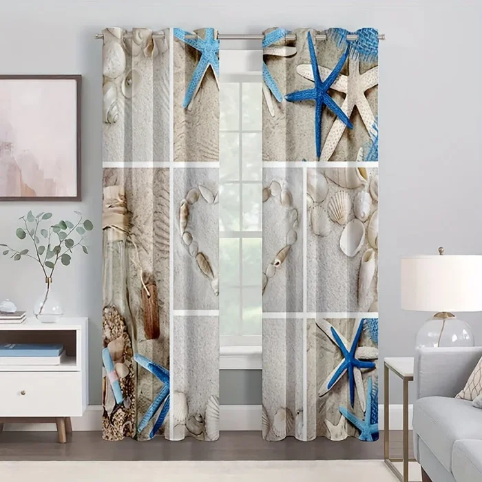 2 Panels/Set Beach Shell Starfish Curtains, Curtains Thermal Noise Light Reducing Window Treatment Set, Jacquard Curtain For Bedroom, Living Room Home Decor