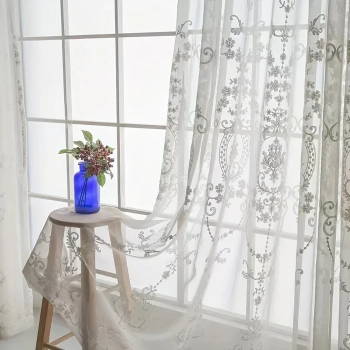 2pcs Modern Embroidered Sheer Curtains – Soft and Breathable White Barrie Gauze Curtains for Living Room, Office, Kitchen, and Study – Elegant and Transparent Home Decor