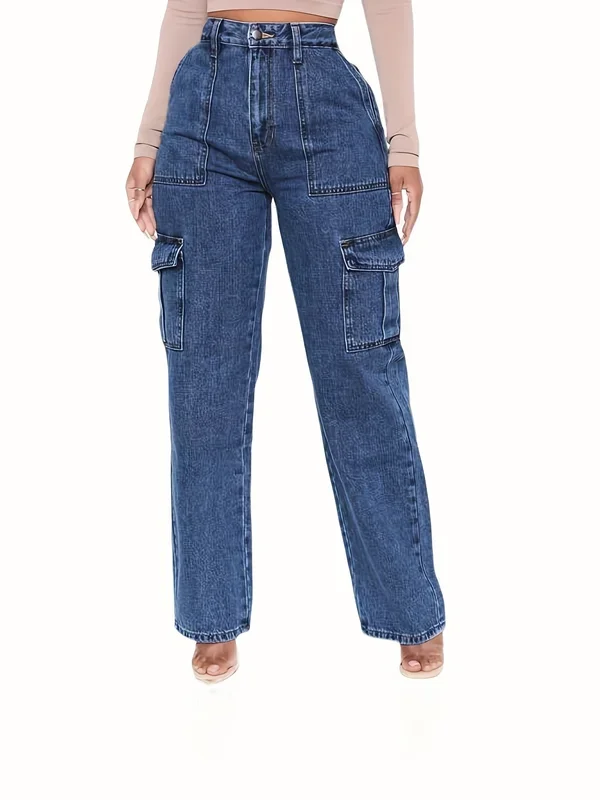 Blue Flap Pockets Cargo Pants, Loose Fit Washed Non-Stretch Straight Jeans, Y2K & Kpop Style Women’s Denim Jeans & Clothing
