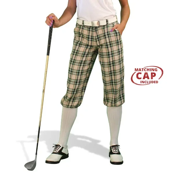 Golf Knickers: Ladies ‘Par 5’ Plaid Golf Knickers & Cap – Khaki Stewart