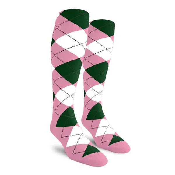 Golf Knickers: Ladies Over-The-Calf Argyle Socks – Pink/White/Dark Green
