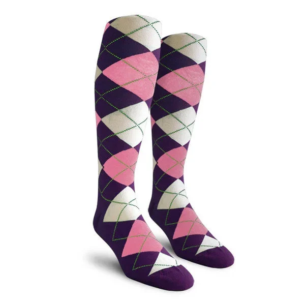 Golf Knickers: Ladies Over-The-Calf Argyle Socks – Purple/Pink/White