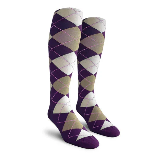 Golf Knickers: Ladies Over-The-Calf Argyle Socks – Purple/Taupe/White