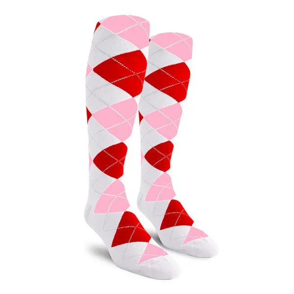 Golf Knickers: Ladies Over-The-Calf Argyle Socks – White/Pink/Red