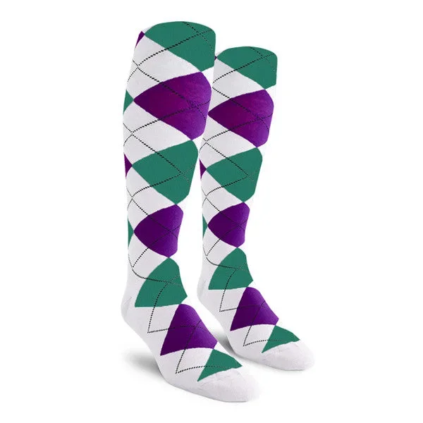 Golf Knickers: Ladies Over-The-Calf Argyle Socks – White/Purple/Teal