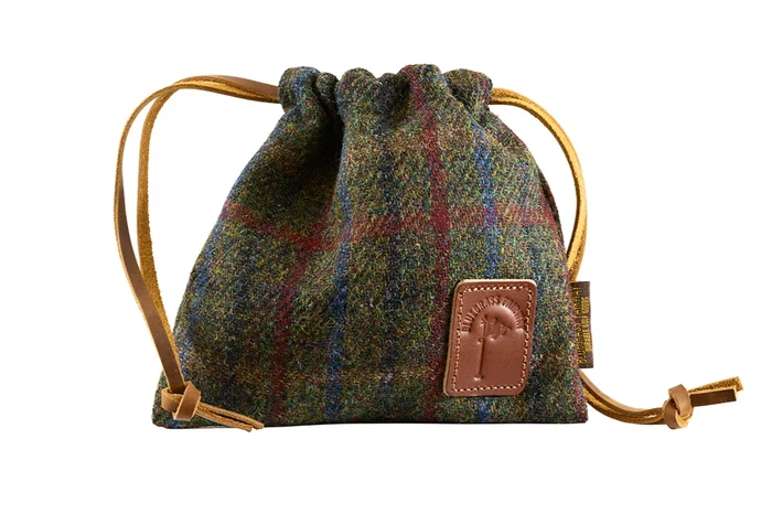 Harris Tweed Golf Drawstring Valuables Pouch in Olive Check