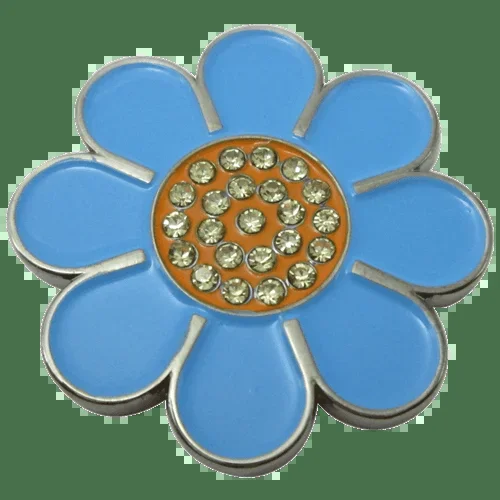 ReadyGolf: Hippie Flower Ball Marker & Hat Clip with Crystals – Blue with Orange