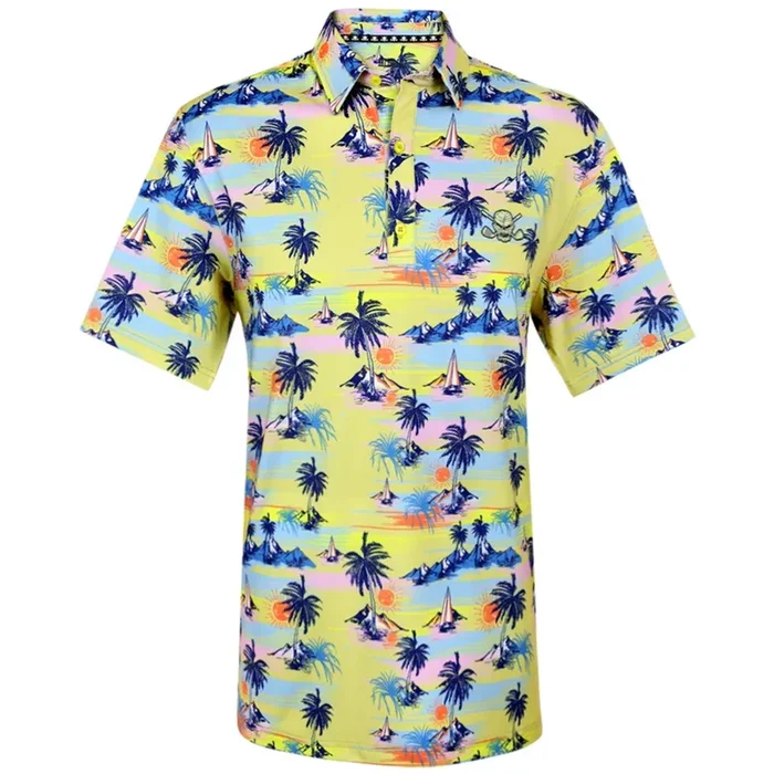 Tattoo Golf: Men’s Aloha Cool-Stretch Golf Shirt – Vintage Hawaiian (Yellow)