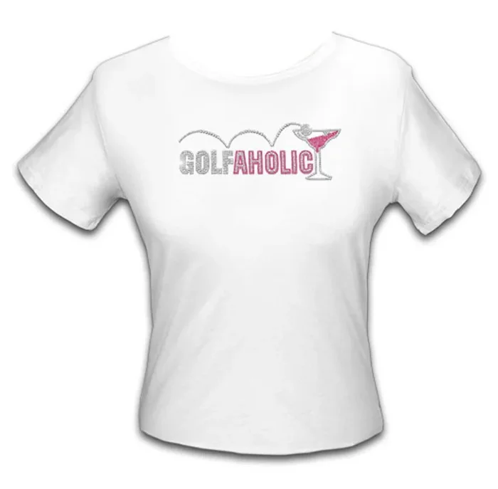Titania Golf Women’s Golfaholic Rhinestone Golf White Tee Shirt (Size Medium) SALE